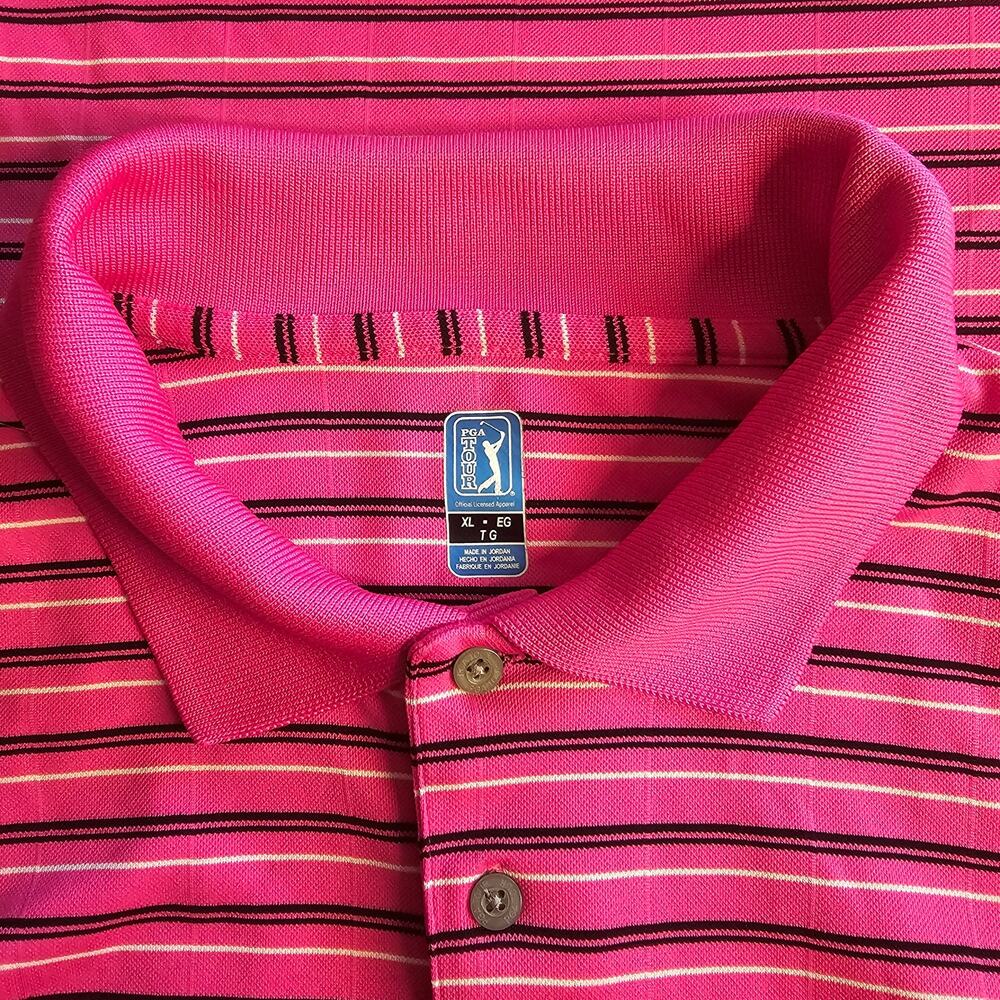 PGA Tour Golf Men’s XL Polo Shirt Short Sleeve Pink Black White Stripe - Picture 3 of 5